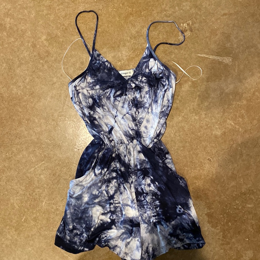 Soft navy tie-dye romper with pockets!